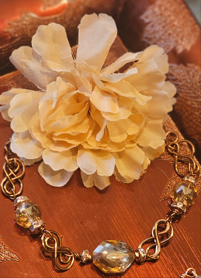 Antique copper chain with faceted amber glass with rhinestone accents